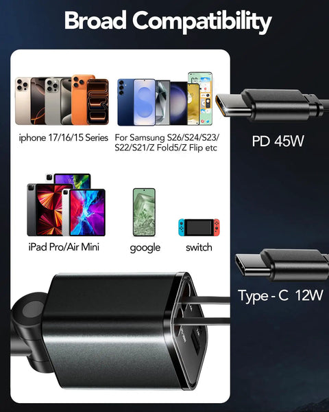 Retractable Car Charger Featuring Hella Convenient 36W Retracted Cable Plus Extra USB C And USB A Ports For Up To 75W Fast Charging Keeps Your Devices Running Smooth, showcasing compatibility with multiple devices.