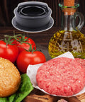 3 In 1 Hamburger Press With Nonstick Patty Mold for Stuffed Burgers Sliders and Veggie and Beef Patties near raw patty and ingredients