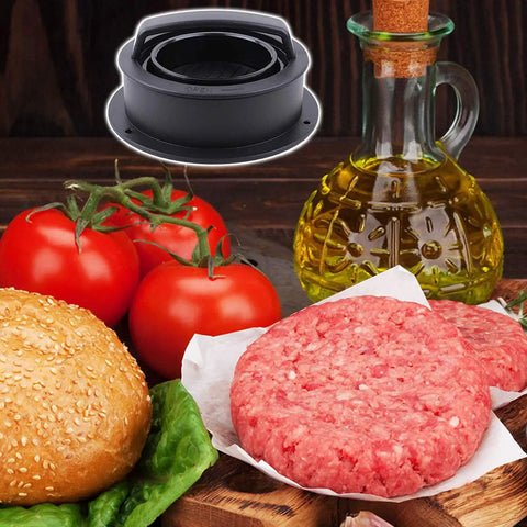 3 In 1 Hamburger Press With Nonstick Patty Mold for Stuffed Burgers Sliders and Veggie and Beef Patties near raw patty and ingredients