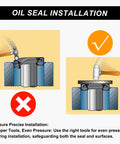 Illustration of proper high pressure oil seal installation for hydraulic pumps, showing correct and incorrect methods using tools.