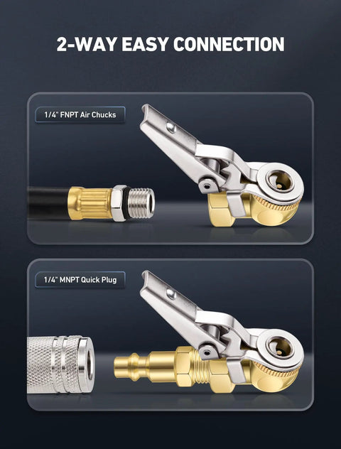 2 Pack Closed Ball Tire Chuck With Clip Hands Free Locking Valve Nozzle One Quarter Inch FNPT Quick Plug two-way connection view