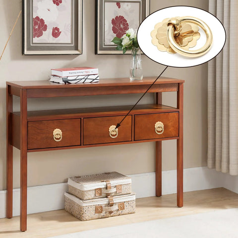 Wooden console table with 4 Pack Antique Brass Ring Pulls 30mm Diameter Vintage Gold Cabinet Hardware Flower Shape Ring Pull Knobs