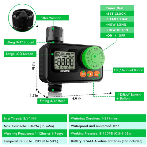 Programmable Sprinkler Timer For Garden Hose With Rain Delay And Manual On Off Great For Drip Irrigation And Lawn Watering Pick Schedule From One To Seven Days Or One To Twelve Hours Runs One To Two Hundred Ninety Nine Minutes Fits Three Quarter Inch Hose with instruction labels
