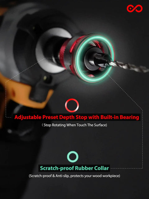 Heavy Duty Nine Piece Countersink Drill Bit Set With Adjustable Depth Stop Collar And Tct Alloy Steel, showing adjustable depth stop with bearing.