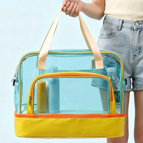 Dry Wet Separated Storage Bag For Gym And Beach Gear With Separate Dry And Wet Compartments, Waterproof Pocket, held by person