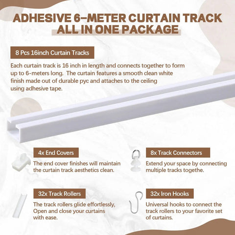 Self-Adhesive Ceiling Curtain Track Rail 11 Ft No-Drill No-Damage Peel-and-Stick For Windows Cabinets Closets Bathrooms Shower Curtains Room Dividers Instant Privacy Easy DIY Install, white PVC, 8 sections