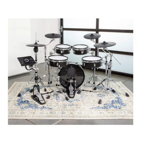 V Drums Acoustic Design 5 Piece Electronic Drum Kit With Shallow Depth Wood Shells TD17 Sound Module set up on a studio rug
