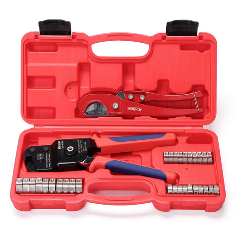 All-In-One PEX Cinch Tool Kit With Remover No-Fuss One-Hand Crimping Tool For 3/8 To 1 Inch Clamps Includes 20 Half-Inch And 10 Three-Quarter-Inch Stainless Clamps PEX Cutter And Molded Case in red case