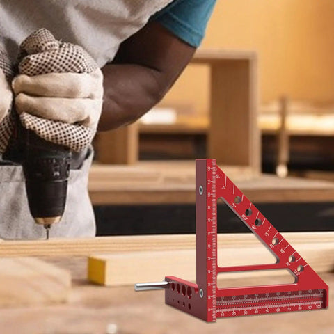 Carpenter using Multi Angle Measuring Ruler for Hole Positioning and Precision Marking in woodworking shop.