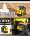 2-in-1 Laser Tape Measure, 197 FT Laser Distance Meter & 16 FT Tape with USB charging and belt clip for portability.