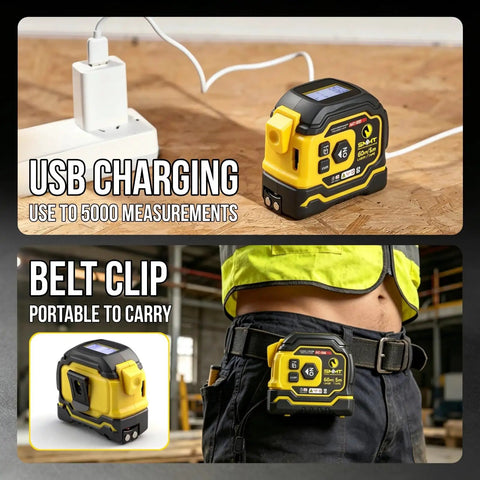 2-in-1 Laser Tape Measure, 197 FT Laser Distance Meter & 16 FT Tape with USB charging and belt clip for portability.