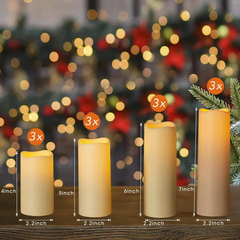 Flameless Flickering LED Candles Set Of 12 Ivory Plastic Pillars With Remote And Timer, arranged by height, 4 to 7 inches