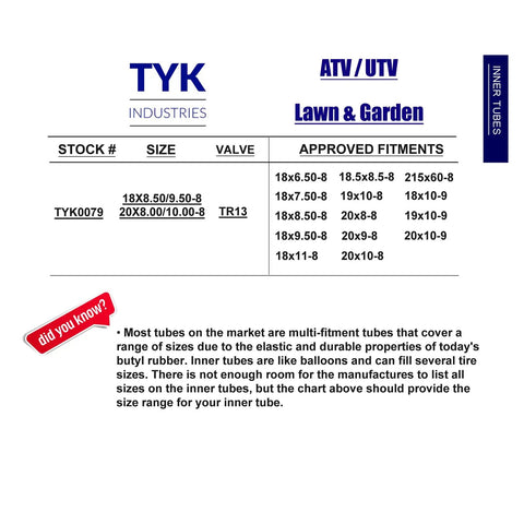 Stock chart showing tire sizes, TR13 valve, and fitment for Heavy Duty 20x9-8 Inner Tubes That Fit Lawn Mower And ATV Tires