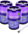 Three purple vacuum filters with tool; V11 And V15 Vacuum Filter Replacement Pack For Torque Drive V11 Animal V11 Extra Series 970013 02 Part 3 Pack Three High Efficiency Replacement Filters For Dust Hair Allergens And Fine Particles With Easy Snap In Installation.