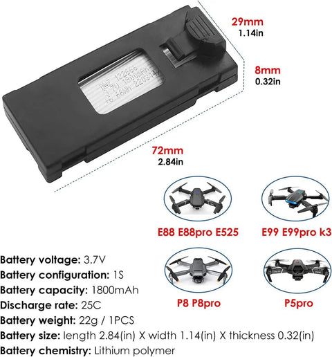 3.7V 1800mAh LiPo Battery Pack For E88 E88Pro E88Max E525 E99 E99Pro P1 P5Pro K3 S1 P8 Quadcopter Drones, size dimensions shown