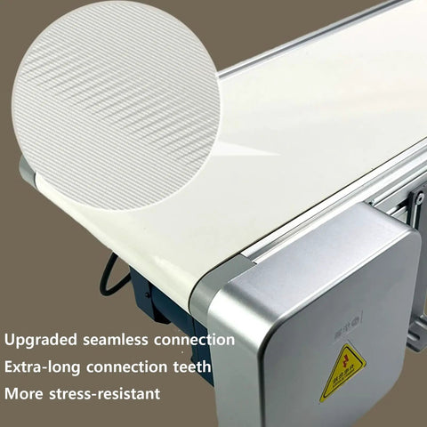Close-up of upgraded seamless connection on Compact LED Conveyor Belt For Factory Cargo 170X300mm, showcasing stress-resistant features.