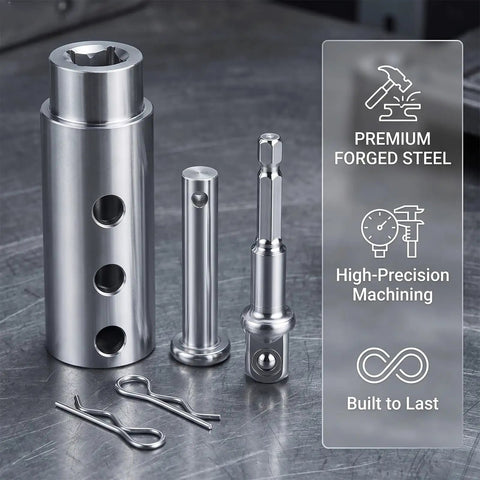 Ditch Elbow Grease, Hardcore Stainless Steel Trailer Jack Drill Adapter For One Inch Drive Shaft with accessories and premium finish.