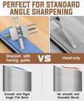 Heavy Duty Chisel Sharpening Jig Kit With Adjustable Angle Fixture And Gauge All Metal Honing Guide For Wood Chisels And Planes Fits From Five Thirty Second Inch Up To Three Inches Wide showing comparison between honing guide and hand sharpening.