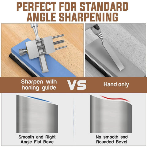 Heavy Duty Chisel Sharpening Jig Kit With Adjustable Angle Fixture And Gauge All Metal Honing Guide For Wood Chisels And Planes Fits From Five Thirty Second Inch Up To Three Inches Wide showing comparison between honing guide and hand sharpening.