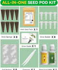 Eight Pod Gourmet Herb Seed Kit For Hydroponics With Basil Parsley Thyme Mint Cilantro Dill Oregano And Chives Seed Pod Set Compatible With AeroGarden Idoo Ahopegarden Gardencube And Other Hydroponic Systems All In One Easy Grow Starter Pack shown with sponges, baskets, and nutrients.