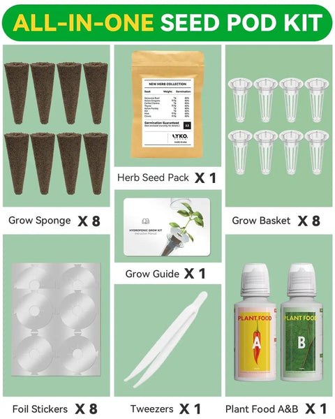 Eight Pod Gourmet Herb Seed Kit For Hydroponics With Basil Parsley Thyme Mint Cilantro Dill Oregano And Chives Seed Pod Set Compatible With AeroGarden Idoo Ahopegarden Gardencube And Other Hydroponic Systems All In One Easy Grow Starter Pack shown with sponges, baskets, and nutrients.