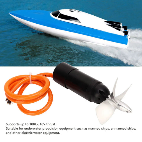 Beefy 48V Underwater Thruster for RC Boats and ROVs, 4000 RPM Aluminum CNC Housing with a 4 Blade Propeller shown next to an orange cable