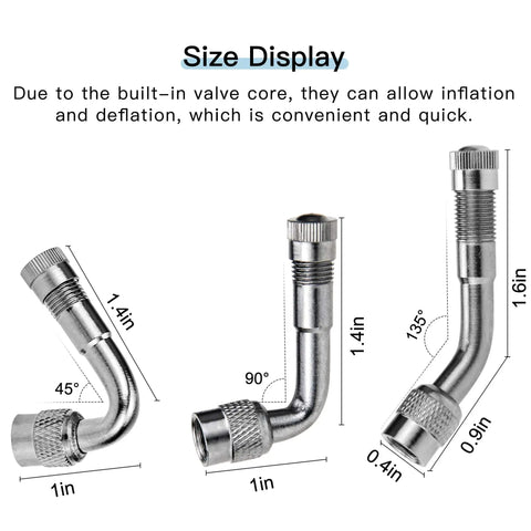 Six Pack Valve Stem Extenders With 45 Degree 90 Degree And 135 Degree Angles For Schrader Tires size display chart.