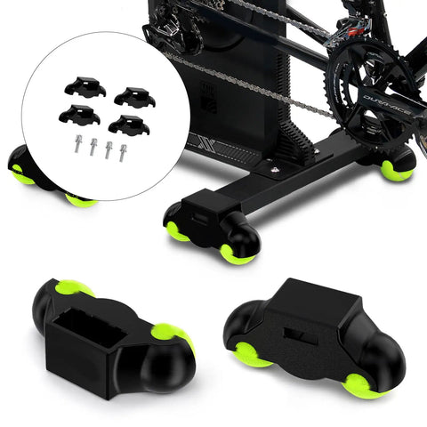 Indoor Bike Trainer Rocker Base with shock absorbing feet and screws, showing stable plastic construction and adjustment features