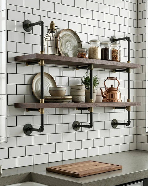 Two-tier kitchen shelves with steampunk style using 10 Pack One Half Inch Malleable Cast Iron Pipe Elbows 90 Degree Fittings.