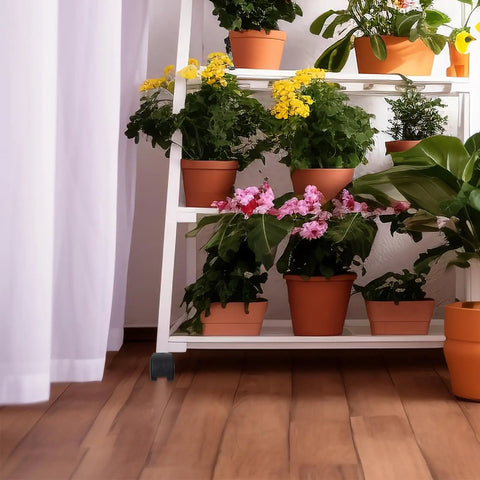 Plant shelf with terracotta pots, showing black caster wheels for 2 Pack Black Stem Caster Wheels Replacement For Laundry Racks.