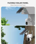 Wire-Free Solar Powered Outdoor Security Camera System, 4MP 4 Cam Kit installed on house and tree with solar panels.