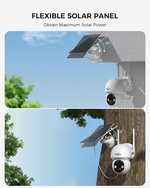 Wire-Free Solar Powered Outdoor Security Camera System, 4MP 4 Cam Kit installed on house and tree with solar panels.