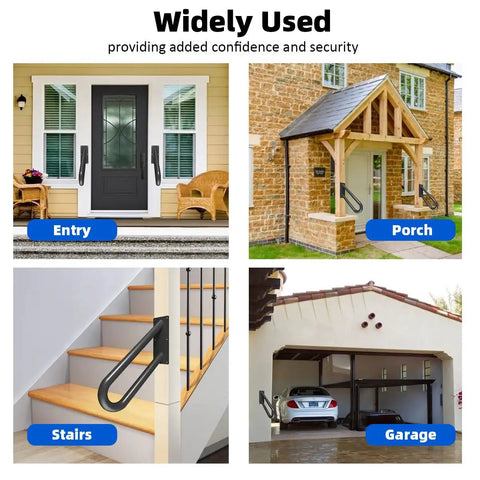 Boss Grade Rock Solid Wall Mount Hand Rail No Sweat Grip U Shape Safety Grab Bar For Indoor Outside Porch Steps Garage Entryway 16 Inch Durable Steel Stair Handle in entry, porch, stairs, and garage settings.