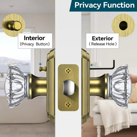 3 Pack Crystal Glass Door Knobs With Antique Brass Finish And Privacy Lock For Bedroom And Bathroom Interiors, side view