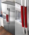 Five Piece Velcro Refrigerator Door Handle Covers In Big Red Easy Adjustments shown on silver fridge handles