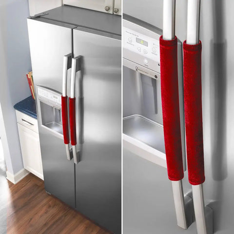 Five Piece Velcro Refrigerator Door Handle Covers In Big Red Easy Adjustments shown on silver fridge handles