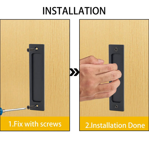 Installation of Two Pack Finger Flush Aluminum Alloy Pull Handles for Sliding Doors, Pocket Doors, Drawers and Cabinets shown.