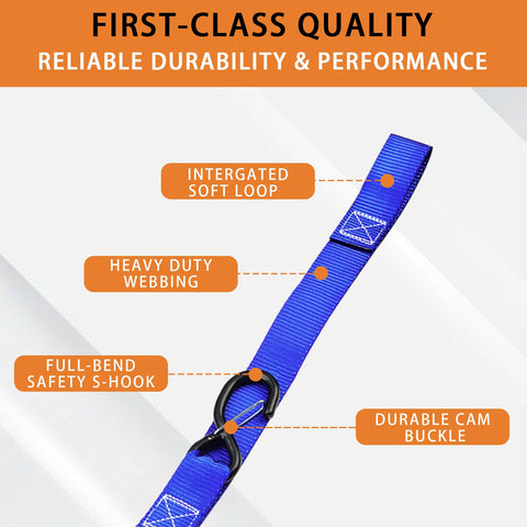 Heavy Duty Motorcycle Tie Down Straps Two Pack 1.5 Inch by 8 Foot Cambuckle Tie Down Set 3000 Pound Break Strength with labels