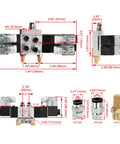 Twin Solenoid Pneumatic Valve 5 Way 3 Position 24VDC PT1/4 Internal Pilot Manifold Base Muffler Quick Fittings Set dimensions