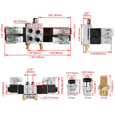 Twin Solenoid Pneumatic Valve 5 Way 3 Position 24VDC PT1/4 Internal Pilot Manifold Base Muffler Quick Fittings Set dimensions