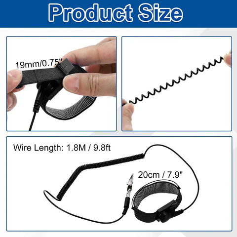 Anti Static Wrist Strap Kit For Techies 7.9 Inch Perimeter ESD Wristband with Alligator Clip, adjustable PU band and measurements