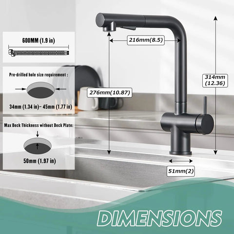 Pro Grade Brushed Nickel Kitchen Faucet With Pull Down Sprayer, Stainless Steel, 3 Hole Or 1 Hole Install, dimensions chart
