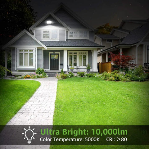 Home illuminated by 100W LED Flood Light Outdoor Waterproof Floodlight 10000 Lumens Crazy Bright Daylight White 5000K