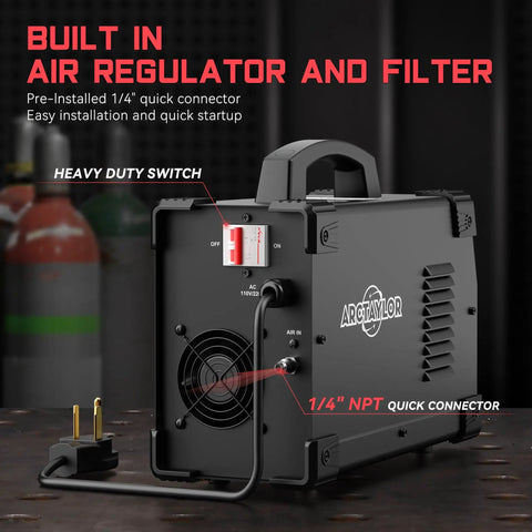 75 Amp Plasma Cutter With Non Touch Pilot Arc Dual Voltage 110 220V IGBT Inverter Air Sensor Technology Large Digital Display For Smooth Cuts Through Painted Rusty Or Rough Metal Surfaces showing air regulator and filter