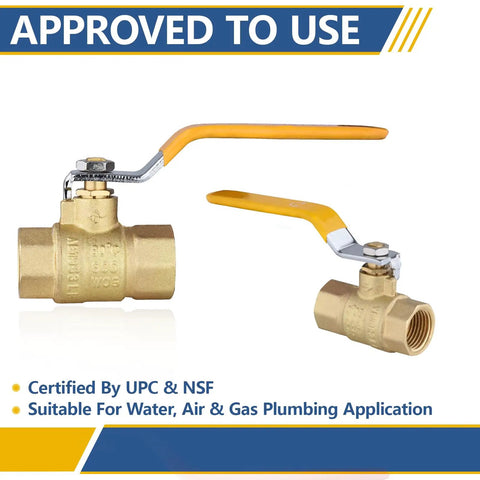 Three Quarter Inch Heavy Duty Full Port Brass Ball Valve 600 WOG FNPT FIP Threaded For Compressed Air Water Plumbing Or Oil Yellow Handle