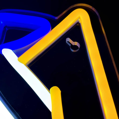 Close-up of Zelda Sword Neon Sign LED Light for Gaming Room Decor Lit Neon Wall Mount USB Powered 8.2 by 16.1 inches with blue yellow glow