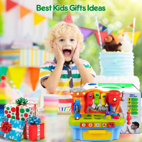Child with Musical Toddler Tool Bench Set For One Year Olds, Montessori Educational Play Kit With Lights And Sounds in party setting.