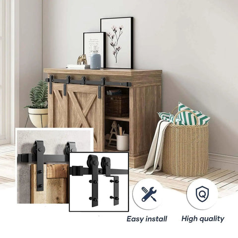 Kick Back And Watch These Doors Glide Like Butter With Our Solid 4 Ft Black Sliding Door Hardware Kit Featuring J Shape Rail And Heavy Duty Nylon Rollers For Zero Hassle Barn Door Projects, showing installation and design.