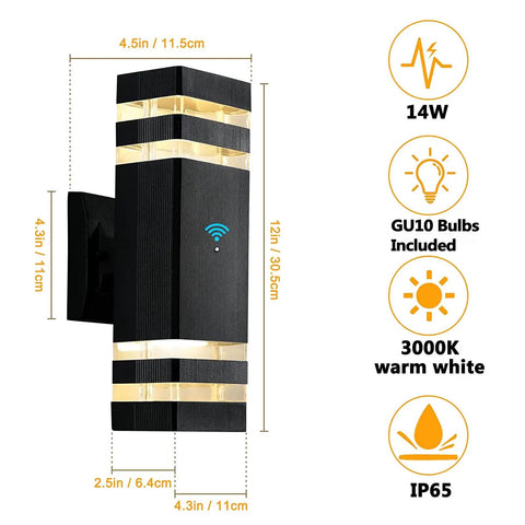 Exterior Dusk to Dawn LED Wall Sconces Two Pack Up and Down Modern Black Outdoor Porch Lights with IP65 and 3000K features.