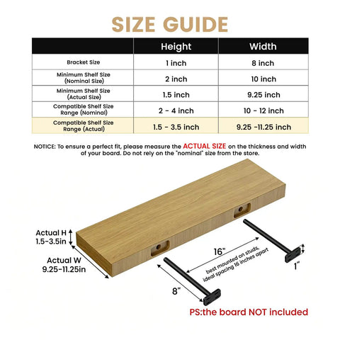 Size guide for Rock Solid Hidden Floating Shelf Brackets 8 Pack Black Heavy Duty Metal Wall Mounts showing dimensions and fit.